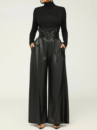 High Waist PU Leather Pants Brown / 2XL
