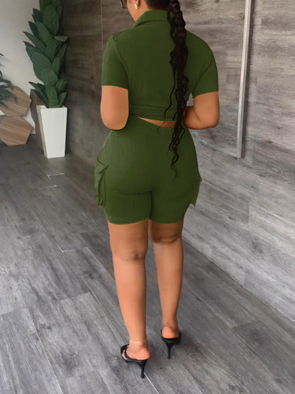 Front Tie Shirt Pocket Shorts Set Khaki / XL