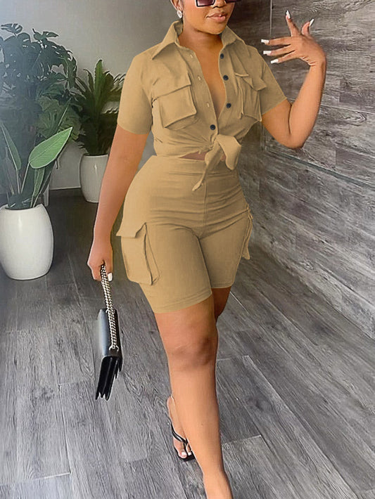Front Tie Shirt Pocket Shorts Set Khaki / S