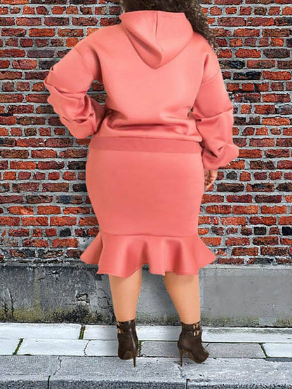 Hoodie Sweater Flounce Skirt Set Red / 3XL