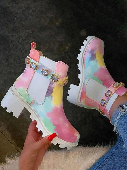 Tie Dye Rhinestone Decor Ankle Boots Multicolor / 4/4.5