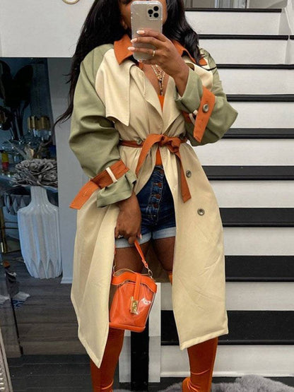 Long Sleeve Belt Turndown Collar Outerwear Khaki / 2XL