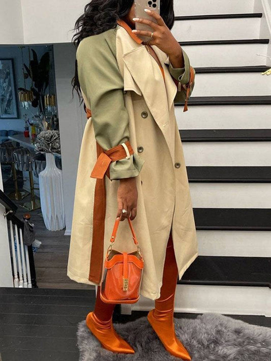 Long Sleeve Belt Turndown Collar Outerwear Khaki / M