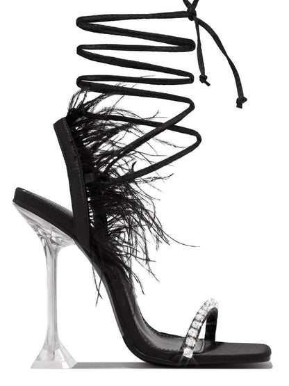 Rhinestone Feather Square Toe Sandals Black / 6