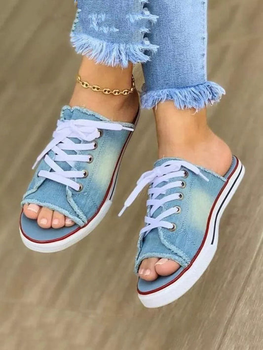 Lace Up Denim Flat Slippers Light Blue / 4/4.5