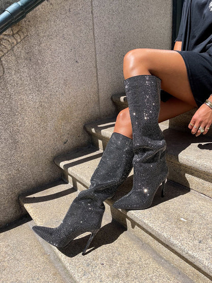 Crystal-Embellished Suede Boots Black / 7.5/8