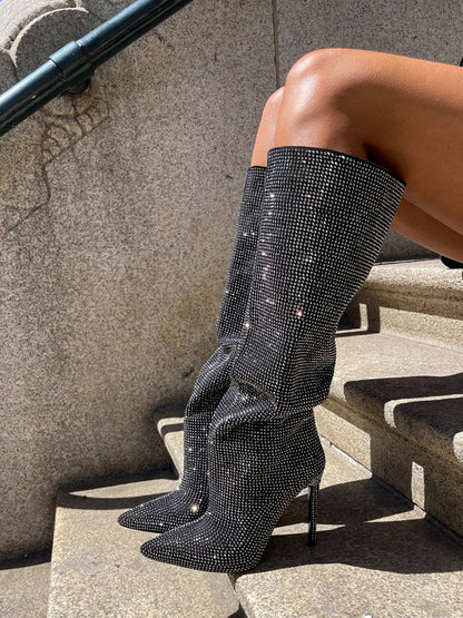Crystal-Embellished Suede Boots Black / 6.5/7