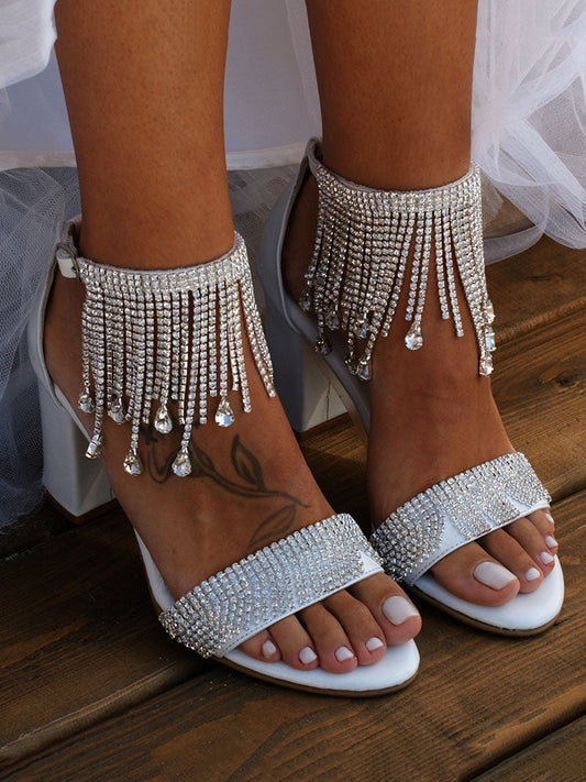 Tassel Rhinestone Party Heels White / 5/5.5