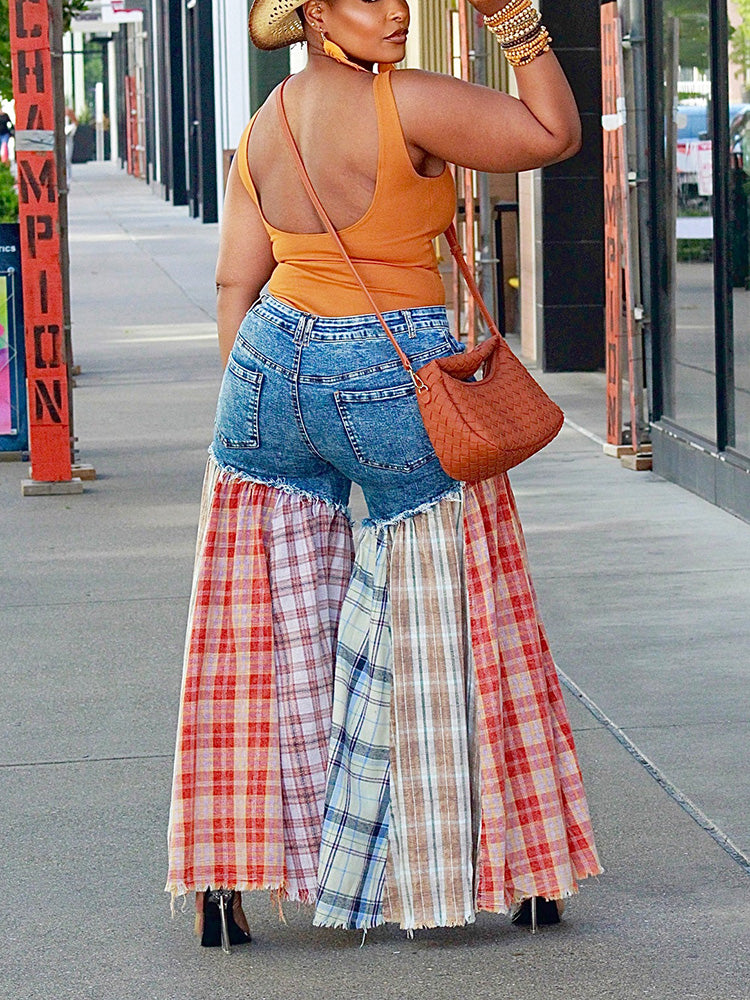 Patchwork Plaid Denim Pants *Blue / L