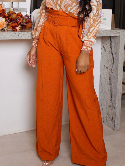 Solid Belt Wide Leg Pants Orange / XL