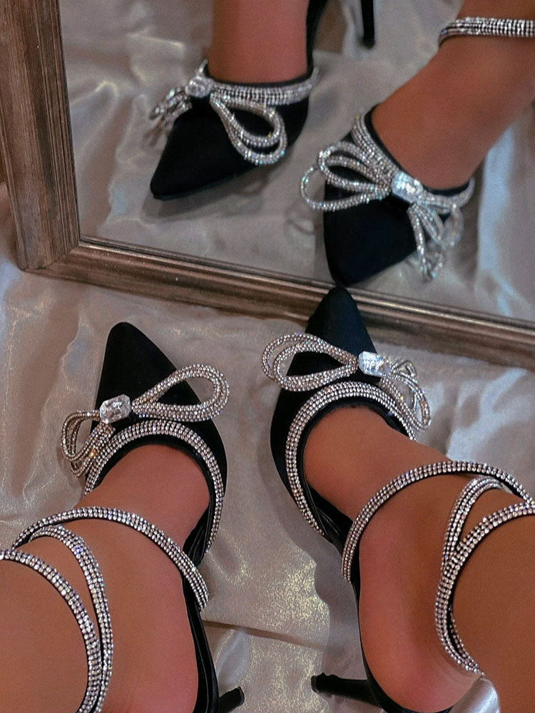 Rhinestone Bowknot Heel Pumps Black / 6