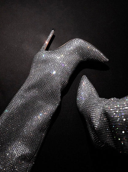 Crystal-Embellished Suede Boots Silver / 9/9.5