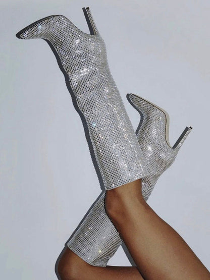 Crystal-Embellished Suede Boots Silver / 7.5/8