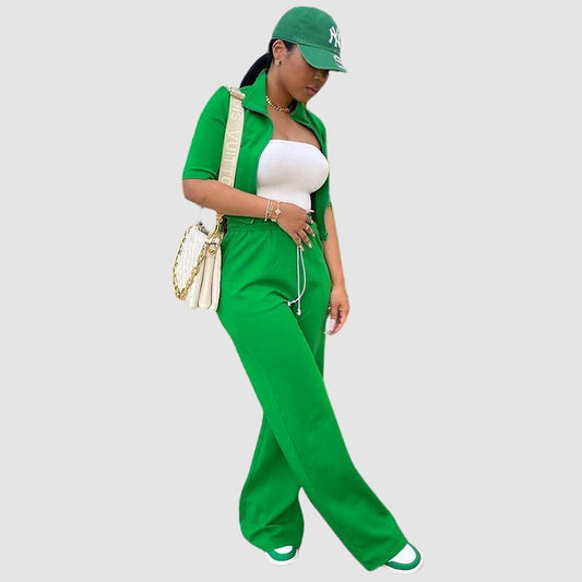 Lapel Short Sleeve Top & Drawstring Waist Pant Set Red / S