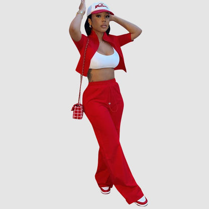 Lapel Short Sleeve Top & Drawstring Waist Pant Set Red / L