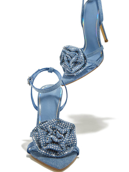 Rhinestone Rose Heels Denim Blue / 9/9.5