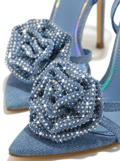 Rhinestone Rose Heels Denim Blue / 10