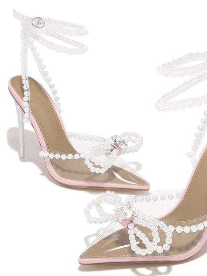 Pearl Bow Pointed Toe Heel Sandals White / 5/5.5