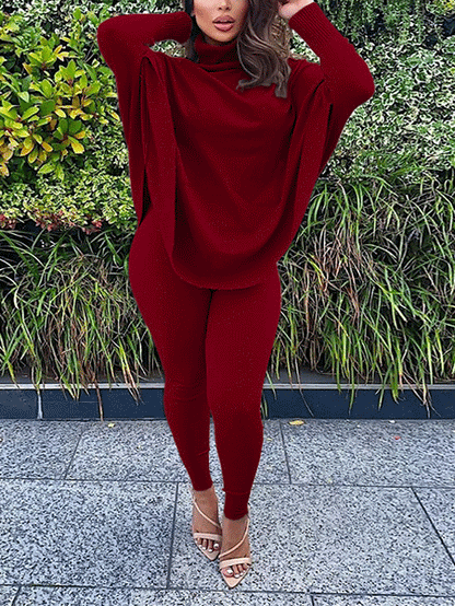Batwing Sleeve Top & Skinny Pants Set Black / 2XL