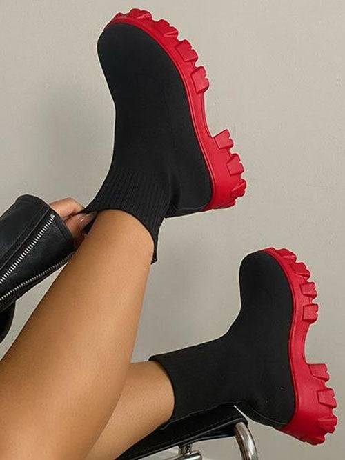 Chunky Sole Socks Boots Black Red / 4/4.5