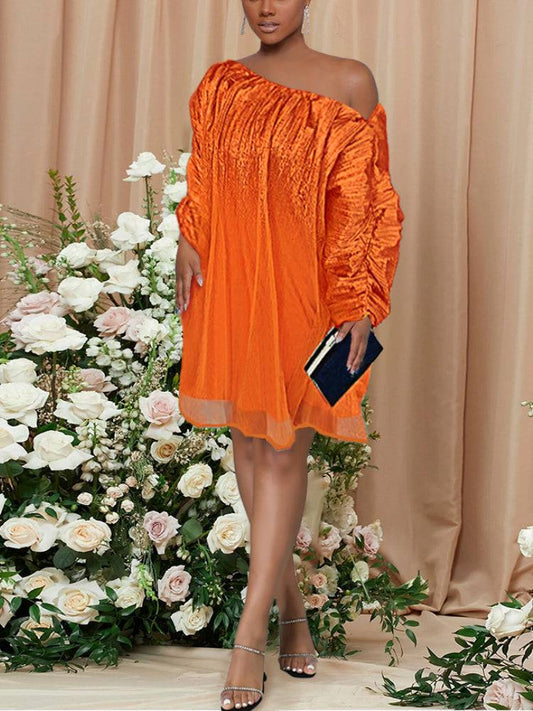Off Shoulder Causal Mini Dress Orange / M