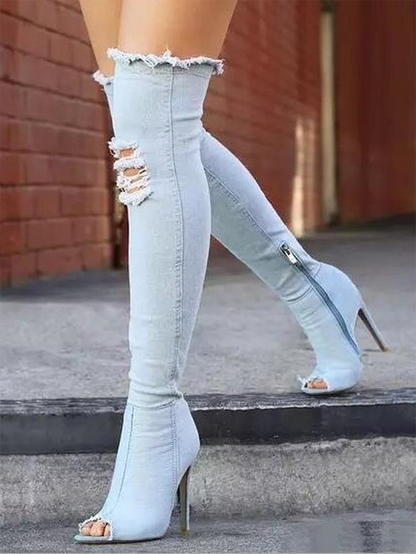 Peep Toe Over The Knee Denim Boots Sky Blue / 5/5.5