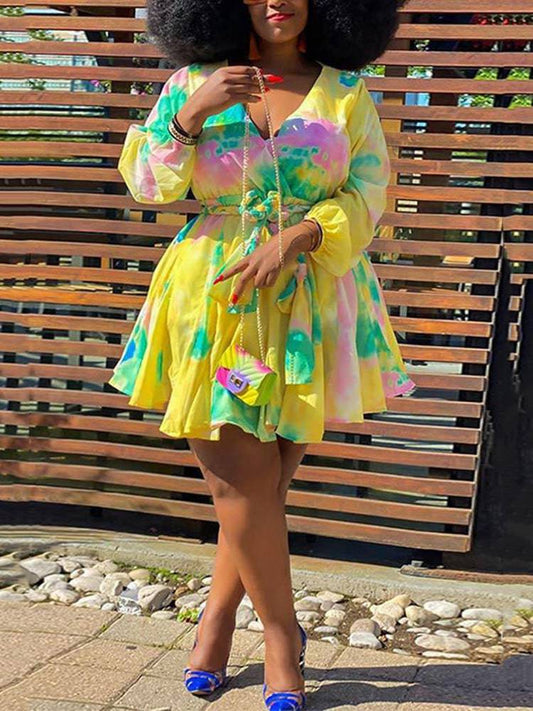 Women's Tie Dye With Belt V Neck Dress Yellow / S