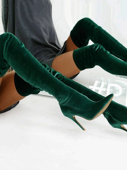 Velvet Pointed Toe High Heels Boots Red / 10